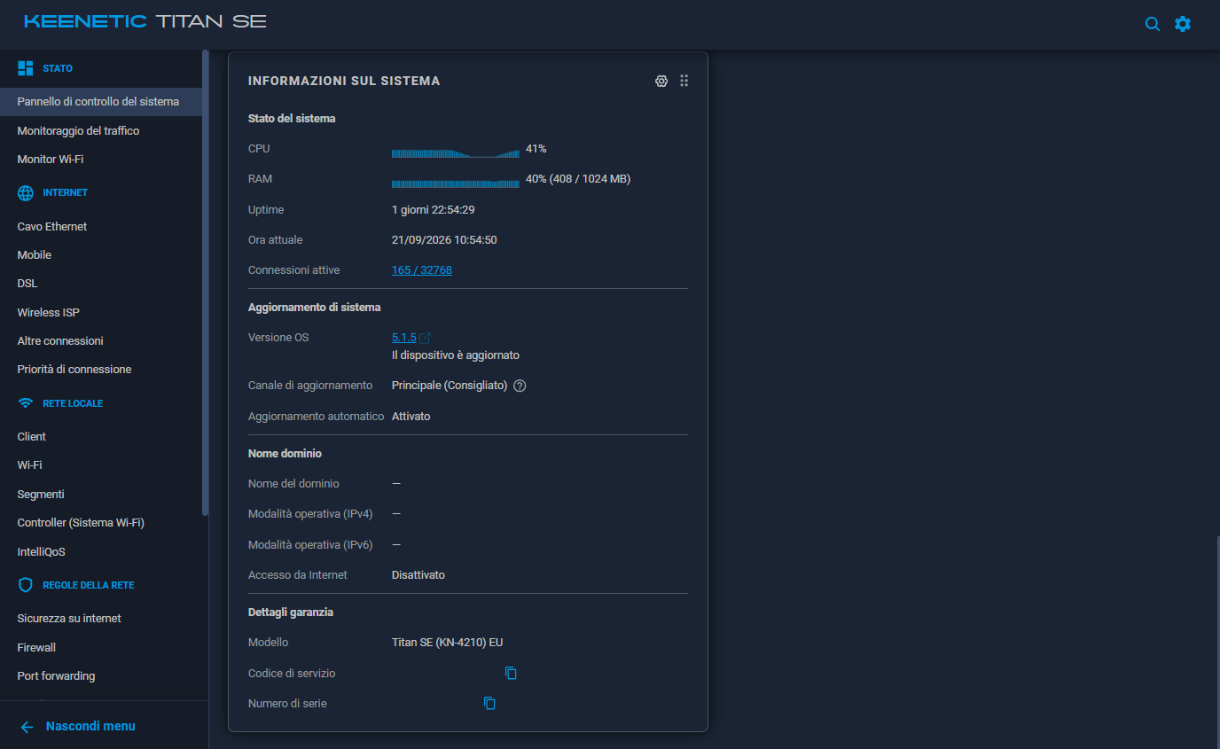 Keenetic Titan SE CPU 41 percento e RAM 40 percento durante trasferimento SMB