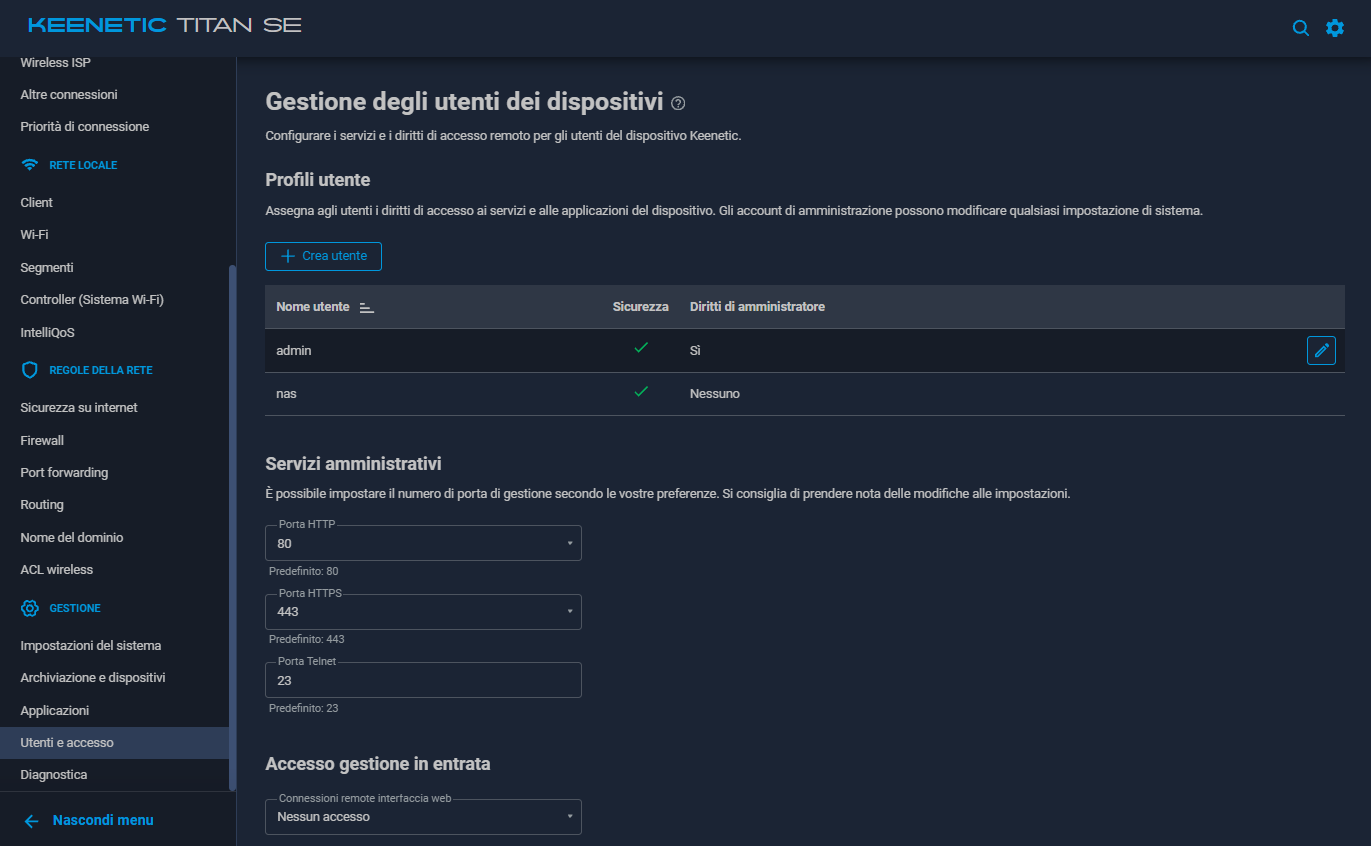 Gestione utenti Keenetic Titan SE con account nas senza privilegi amministrativi