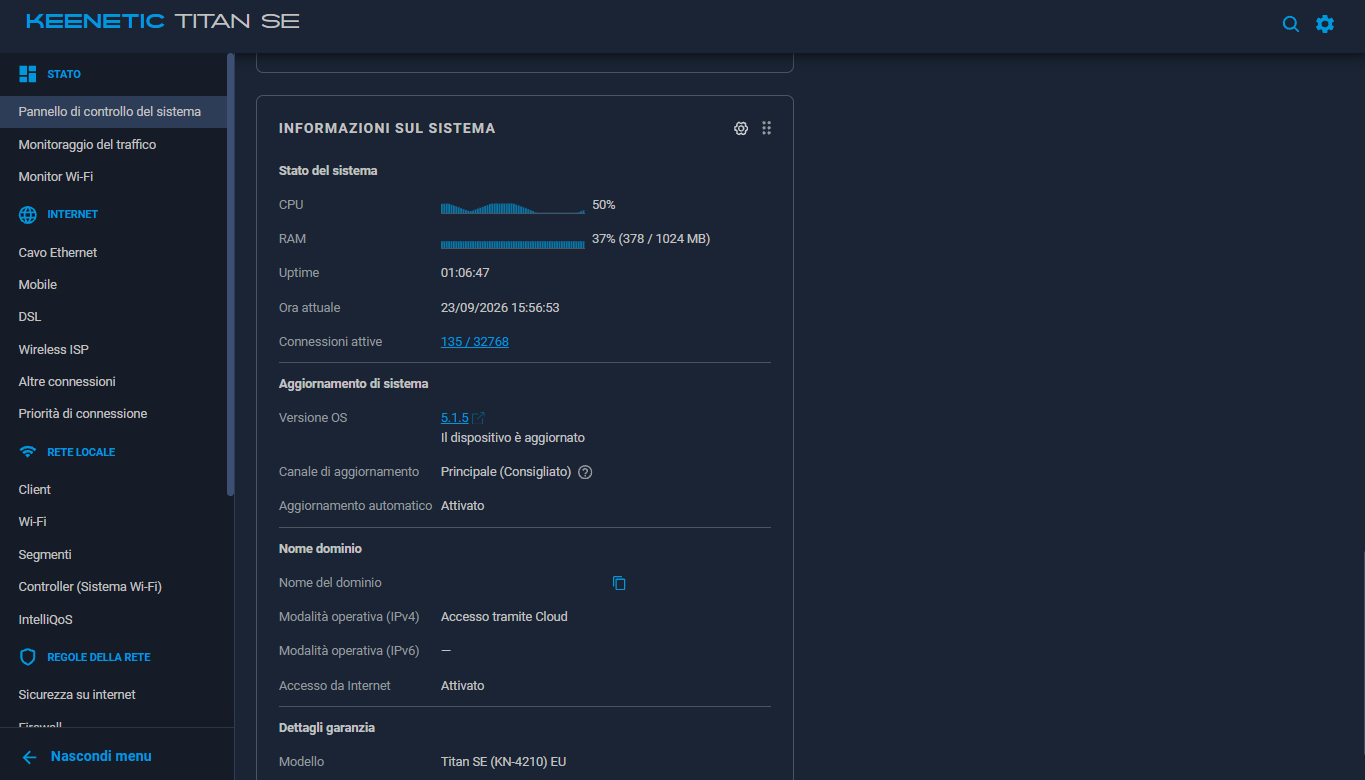 Keenetic Titan SE CPU 50 percento e RAM 37 percento durante trasferimento WebDAV NVMe