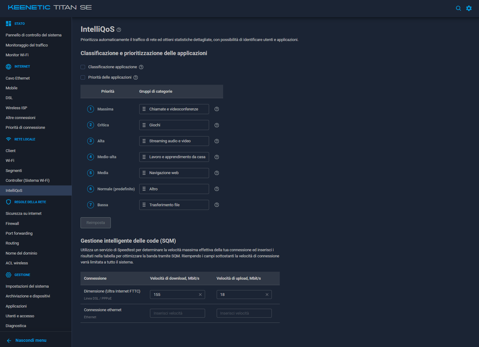 Keenetic Titan SE IntelliQoS SQM ottimizzato a 155 Mbit/s download e 18 Mbit/s upload