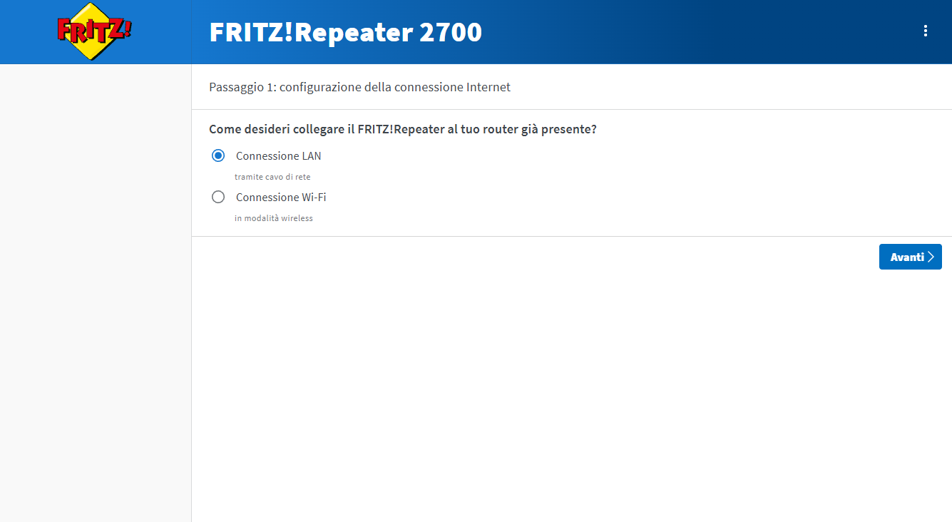 Scelta LAN o Wi-Fi nella configurazione FRITZ!Repeater 2700