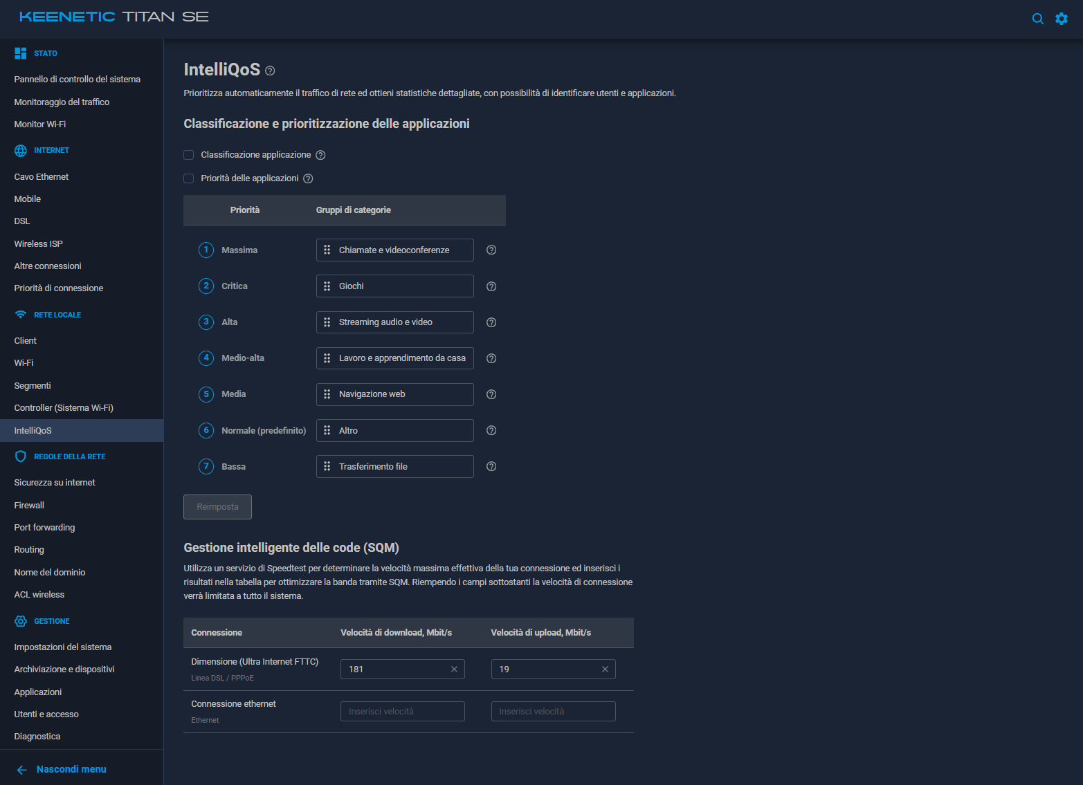 Keenetic Titan SE IntelliQoS SQM impostato a 181 Mbit/s download e 19 Mbit/s upload