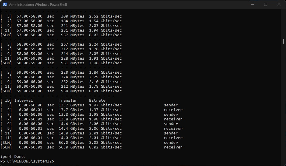 Benchmark iPerf3 BrosTrend U6 con Jumbo Frame 9K e quattro flussi: 8,02 Gbit/s