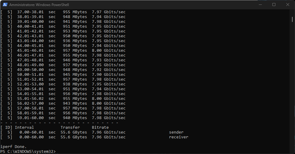 Benchmark iPerf3 BrosTrend U6 reverse 7,96 Gbit/s
