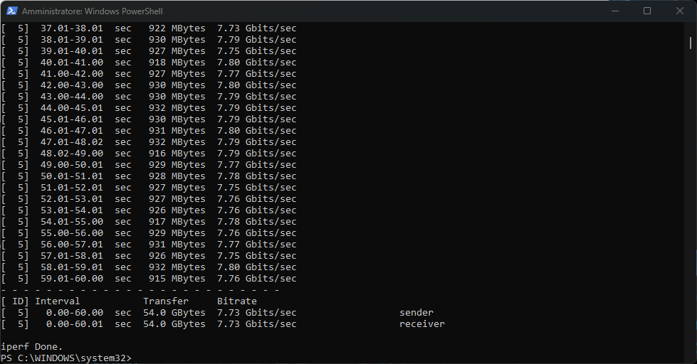 Benchmark iPerf3 BrosTrend U6 MTU 1500 single stream 7,73 Gbit/s