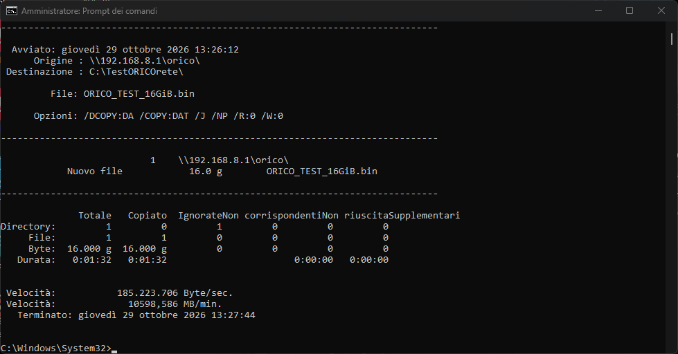 Risultato Robocopy del test Samba in lettura: 185,22 MB al secondo