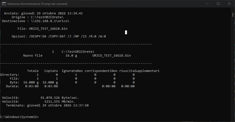 Risultato Robocopy del test Samba in scrittura: circa 91 MB al secondo