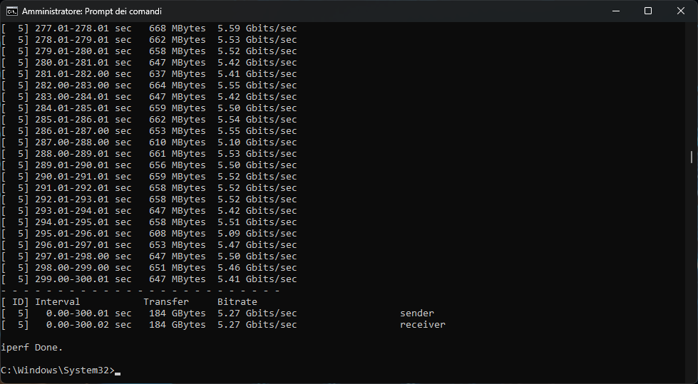 KALEA 10GbE iPerf3 cinque minuti 5.27 Gbit
